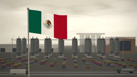 Mexico Flag Flying Over Brewery Fermentation Tank Farm seamless loop Stock Footage 345559946