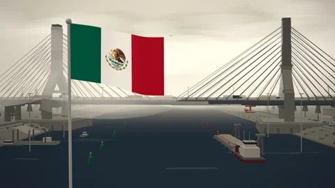 Mexico Flag Flying Over Cable Stayed Bridge River seamless loop Stock Footage 345373583
