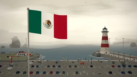 Mexico Flag Flying Over Coastal Harbor Lighthouse Waterfront seamless loop Stock Footage 345376980