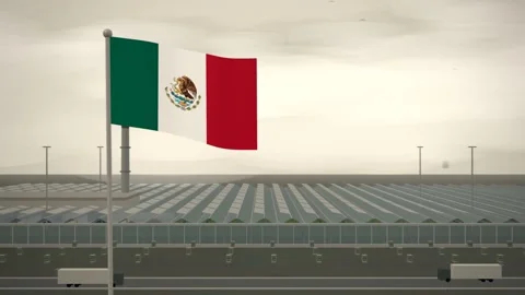 Mexico Flag Flying Over Commercial Glasshouse Nursery Complex seamless loop Stock Footage 345853625