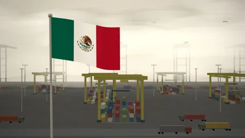 Mexico Flag Flying Over Container Terminal Stacking Yard seamless loop Video stock 344781820