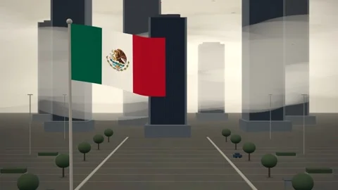 Mexico Flag Flying Over Downtown City Skyline Towers seamless loop Видео 344780215