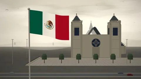 Mexico Flag Flying Over Gothic Cathedral West Towers seamless loop Stock Footage 345506048