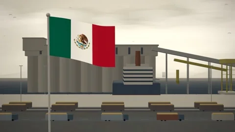 Mexico Flag Flying Over Grain Export Terminal Silos seamless loop Stock Footage 345138775