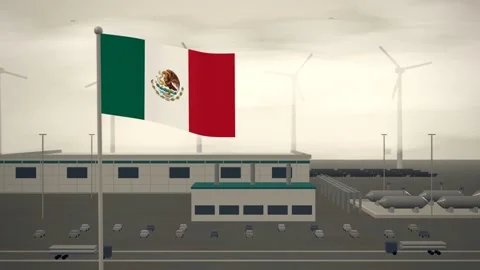 Mexico Flag Flying Over Green Hydrogen Electrolyser Plant seamless loop Stock Footage 345308810