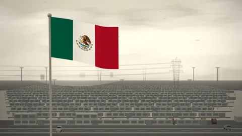 Mexico Flag Flying Over Grid Battery Storage Farm seamless loop Stock Footage 344851283