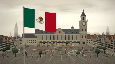 Mexico Flag Flying Over Historic Old Town Square seamless loop Stock Footage 345341986