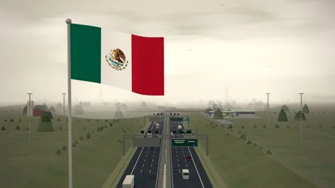 Mexico Flag Flying Over Interstate Highway Rural Traffic seamless loop Stockbeeldmateriaal 344780189