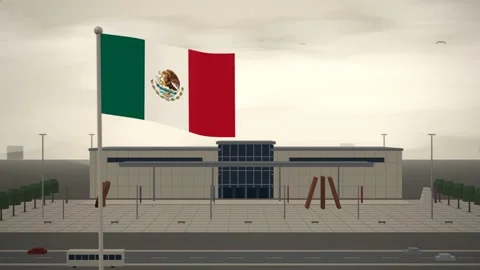 Mexico Flag Flying Over Modern Museum Sculpture Court seamless loop Stock Footage 344952686