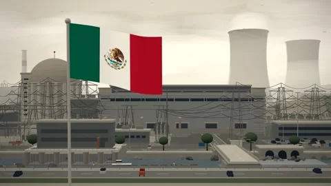 Mexico Flag Flying Over Nuclear Power Station Domes seamless loop Stock Footage 344966127