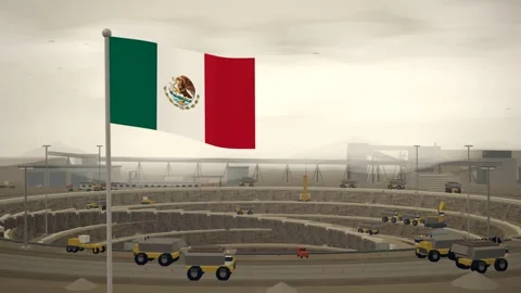 Mexico Flag Flying Over Open Pit Mine Terraces seamless loop Stock Footage 345344393