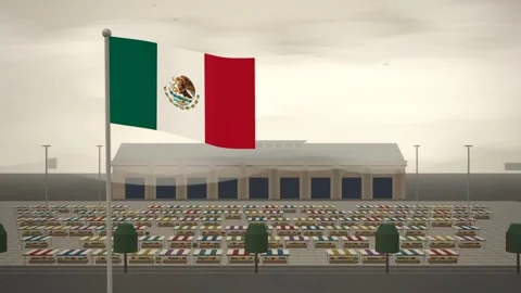 Mexico Flag Flying Over Open Air Market Stalls seamless loop Stock Footage 345876752