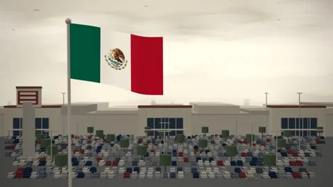 Mexico Flag Flying Over Shopping Mall And Car Park seamless loop Stock Footage 345348225