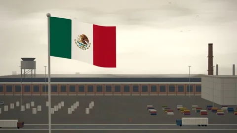 Mexico Flag Flying Over Textile Mill Weaving Shed seamless loop Stock Footage 345855165