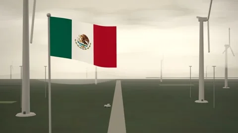 Mexico Flag Flying Over Wind Farm Turbine Field seamless loop Stock Footage 345802872
