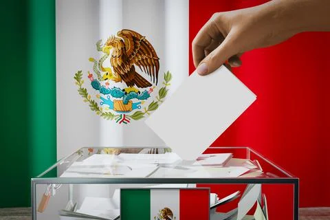 Mexico flag, hand dropping ballot card into a box - voting, election concept  Ilustración de archivo