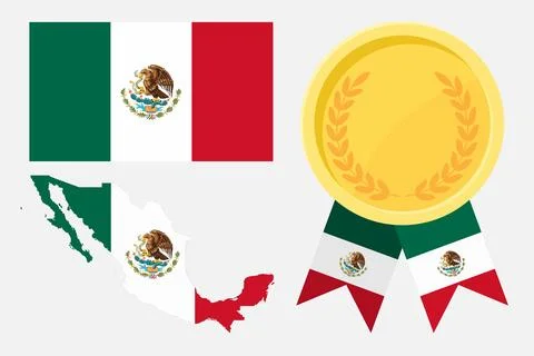 Mexico flag with map and gold medal in set for web and banners or app and gam Stock Illustration