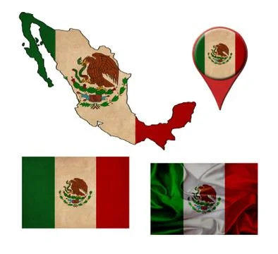 Mexico flag, map and map pointers Stock Illustration