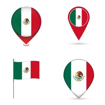 Mexico Flag Map Pin Icons Set Collection. Stock Illustration