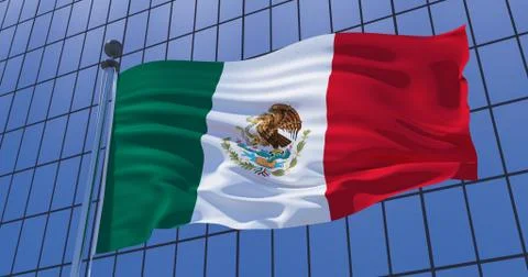 Mexico flag on skyscraper building background. 3d illustration Ilustración de archivo