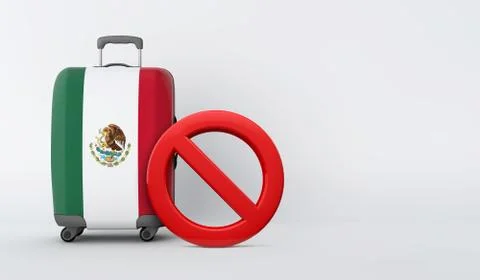 Mexico flag suitcase with no entry sign. Travel ban concept. 3D Render Stock Illustration