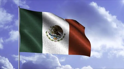 Mexico flag waving with 3D effect on blue cloudy sky background, seamless loop Stock Illustration