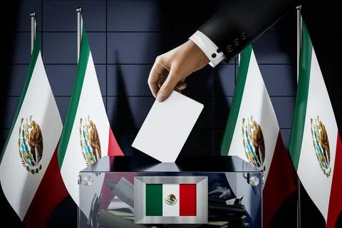 Mexico flags, hand dropping ballot card into a box Ilustración de archivo