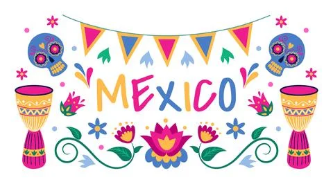 Mexico flower elements, party cover. Floral background with cactus and skull, Illustrazione stock