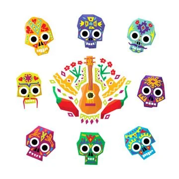 Mexico flowers, skull elements. Vector illustration Illustrazione stock