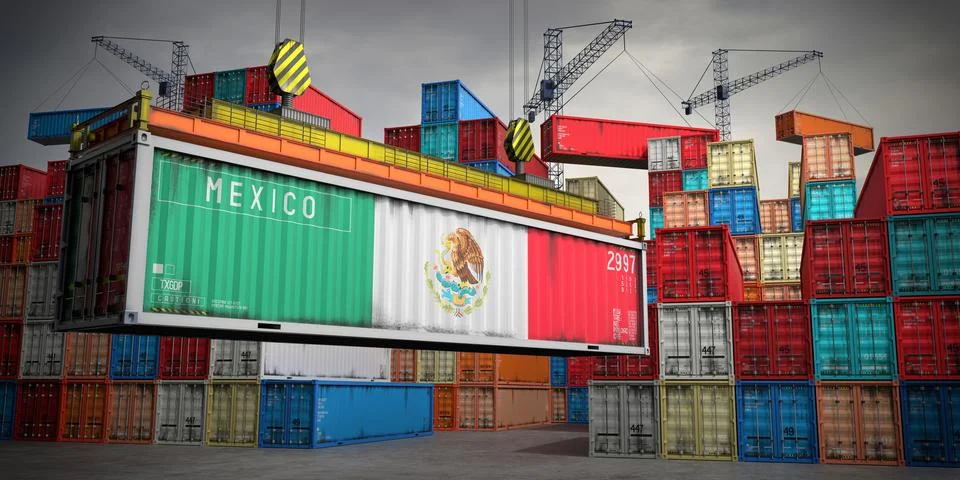 Mexico - freight container in cargo terminal - 3D illustration Stock Illustration