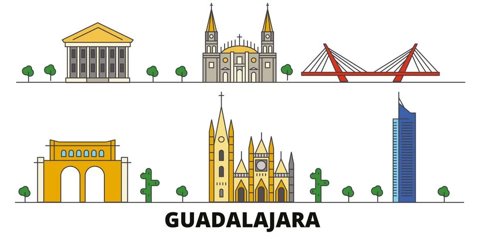 Mexico, Guadalajara flat landmarks vector illustration. Mexico, Guadalajara line Ilustración de archivo