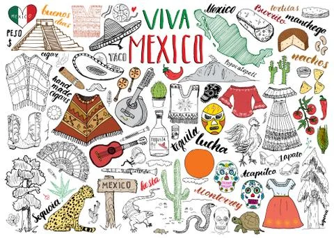 Mexico hand drawn sketch set vector illustration chalkboard Stock Illustration