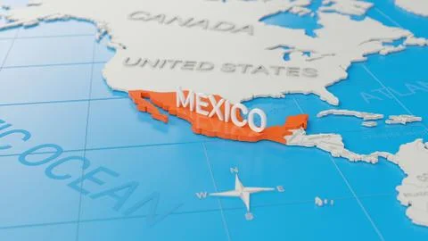 Mexico highlighted on a white simplified 3D world map. Digital 3D render. Stock Illustration