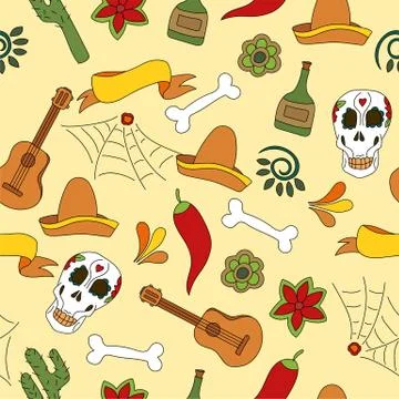 Mexico icons seamless pattern - Traditional mexican elements background Stock Illustration