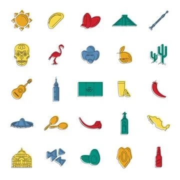 Mexico icons set, doodle style Stock Illustration