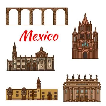 Mexico landmarks architecture vector line icons Ilustración de archivo