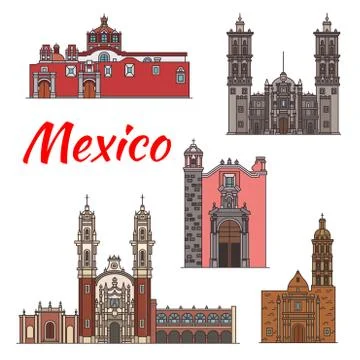 Mexico landmarks vector architecture line icons Ilustración de archivo