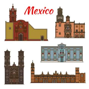 Mexico landmarks vector architecture line icons Ilustración de archivo