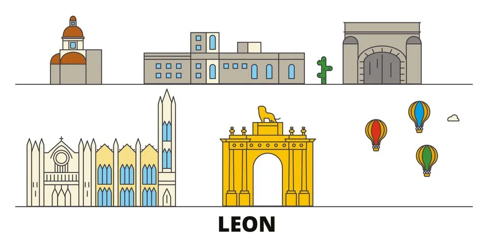 Mexico, Leon flat landmarks vector illustration. Mexico, Leon line city with Ilustración de archivo