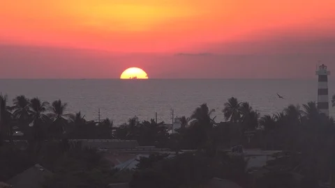Mexico lighthouse with setting sun Stock Footage 95372732