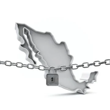 Mexico lockdown concept. Map with lock and chain. 3D Render Stock Illustration
