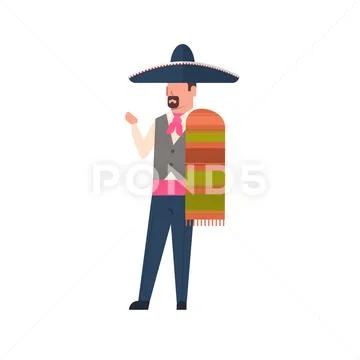 Mexico Man In Traditional Costume And Mexican Sombrero Isolated On White Stock Illustration