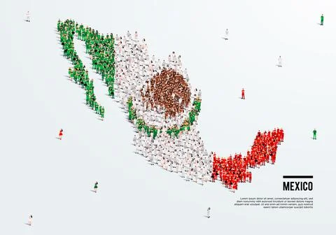 Mexico Map and Flag. A large group of people in the Mexican flag color. Stock Illustration
