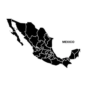 Mexico Map Black Silhouette with State Borders Stock Illustration