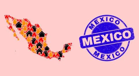 Mexico Map Collage of Flame and Houses and Grunge Mexico Seal Ilustración de archivo