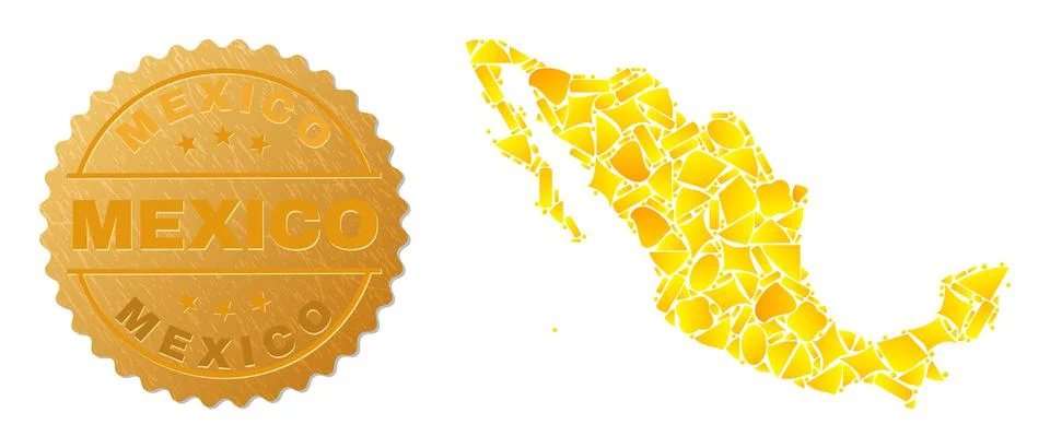 Mexico Map Collage of Gold Elements and Metallic Mexico Stamp Illustrazione stock