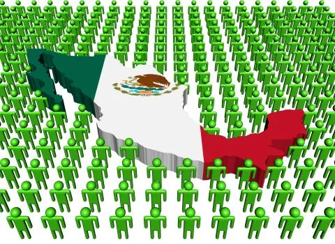 Mexico map flag surrounded by many abstract people illustration Stock Illustration
