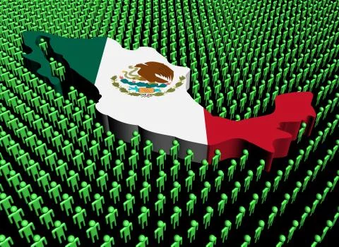 Mexico map flag surrounded by many abstract people illustration Stock Illustration