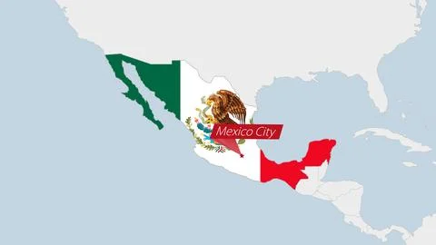 Mexico map highlighted in Mexico flag colors and pin of country capital Mex.. Stock Illustration