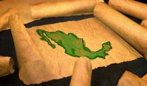 Mexico Map Painting Unfolding Old Paper Scroll 3D Illustrazione stock